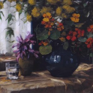 Koester, Alexander: Still life with flowers with water glass