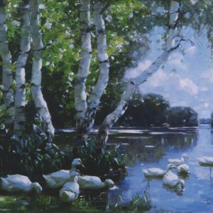 Koester, Alexander: White ducks under birch trees