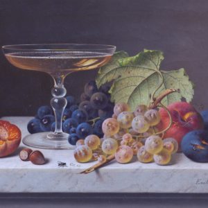 Preyer, Emilie: Still life with a champagne bowl and half an apricot