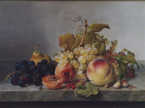 Preyer, Johann Wilhelm: Still life with fruits and nuts on marble table, 1879