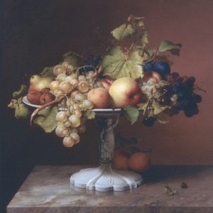 Preyer, Johann Wilhelm: Still life with fruit and grape leaves, 1842
