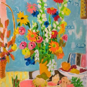 Cavaillès, Jules: Bouquet of flowers with bowl of fruit
