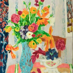 Cavaillès, Jules: Bouquet of flowers with a blue curtain
