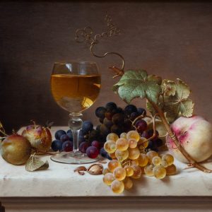 Johann Wilhelm Preyer: Früchtestillleben mit Weinglas und Reineclauden, 1864