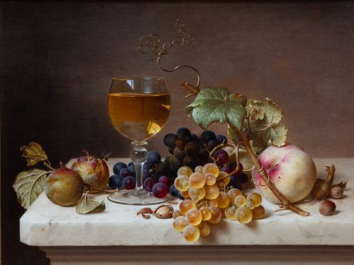 Johann Wilhelm Preyer: Früchtestillleben mit Weinglas und Reineclauden, 1864