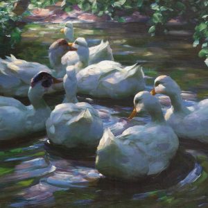 Alexander Koester: Enten im Wasser unter Laubzweigen